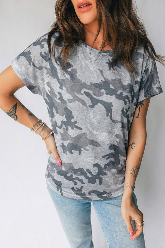 Gray Camouflage Print Round Neck T Shirt-Tops/Tops & Tees-[Adult]-[Female]-2022 Online Blue Zone Planet