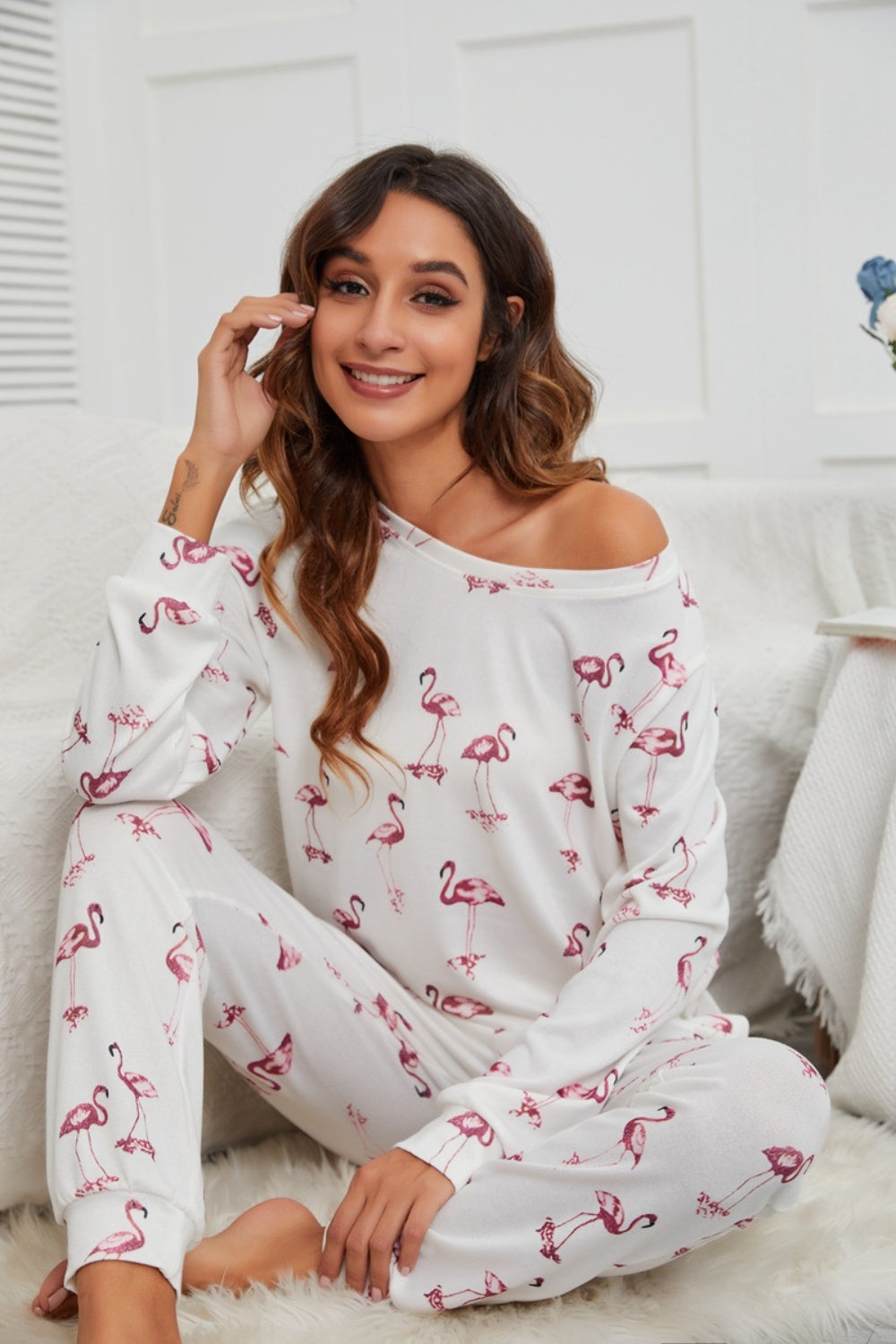 Blue Zone Planet | Flamingo Long Sleeve Top and Pants Lounge Set-TOPS / DRESSES-[Adult]-[Female]-2022 Online Blue Zone Planet