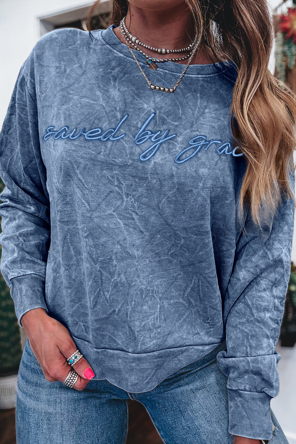 Real Teal Saved By Grace Letter Embroidery Mineral Wash Loose Sweatshirt-Tops/Sweatshirts & Hoodies-[Adult]-[Female]-2022 Online Blue Zone Planet