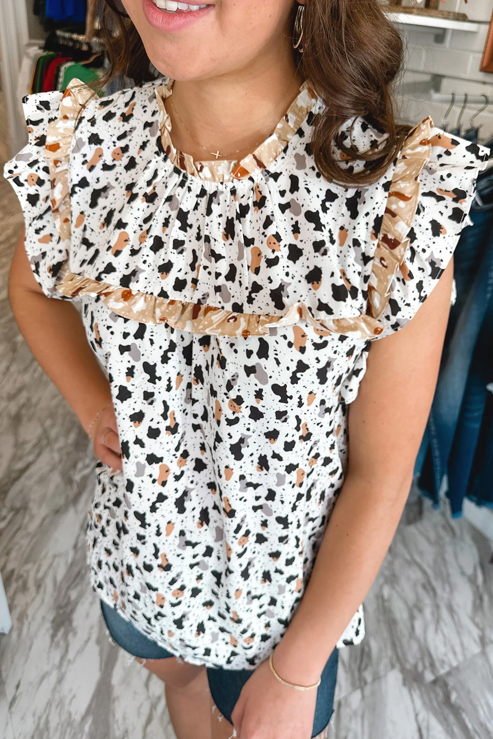 White Frilly Trim Leopard Animal Spots Blouse-Tops/Blouses & Shirts-[Adult]-[Female]-2022 Online Blue Zone Planet