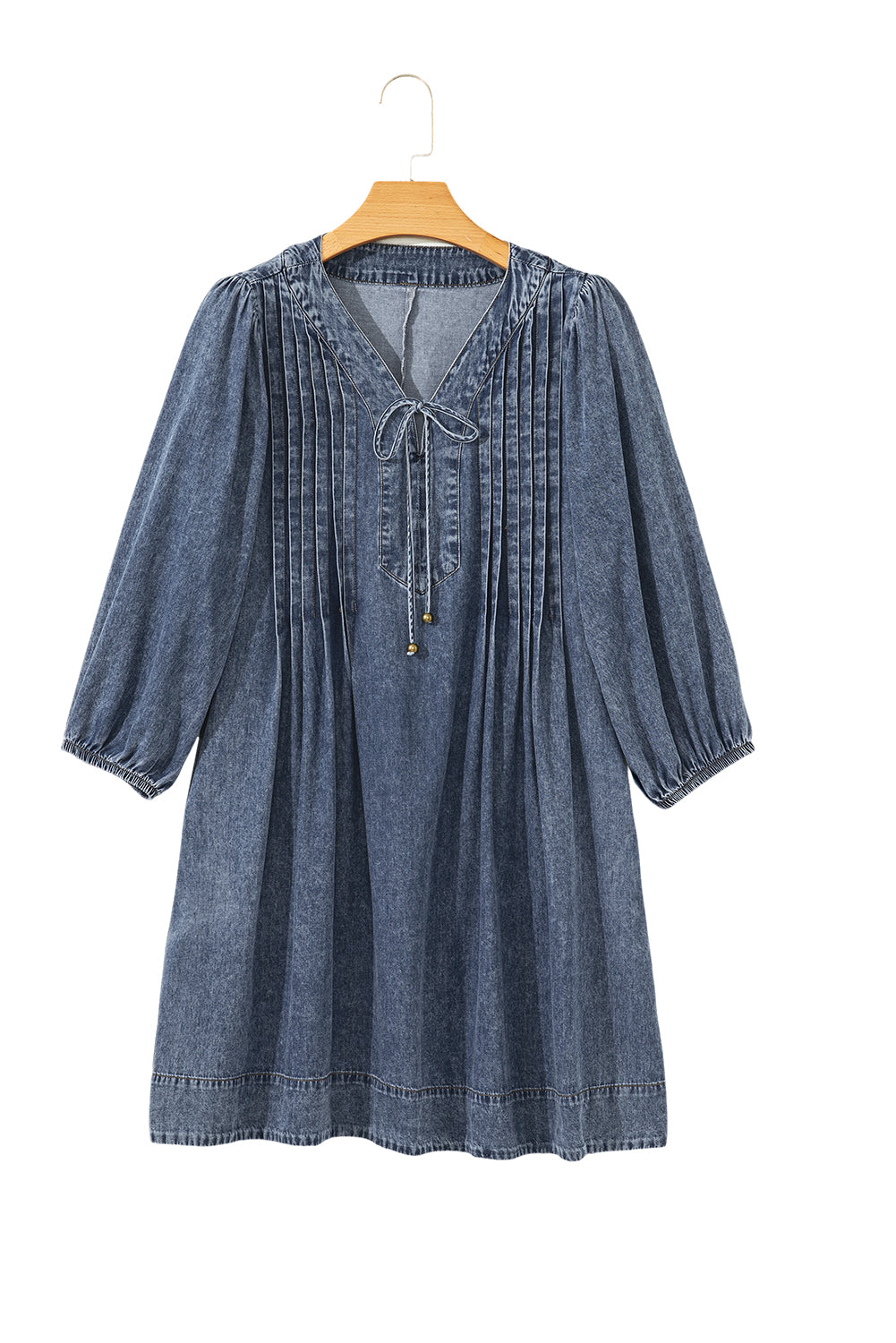 Everyday The Label Women's Sail Blue 3/4 Sleeve Tied V Neck Pleated Denim Mini Dress in Mid Blue | Size: Large Everyday The Label Women's Sail Blue 3/4 Sleeve Tied V Neck Pleated Denim Mini Dress in Mid Blue | Size: Large