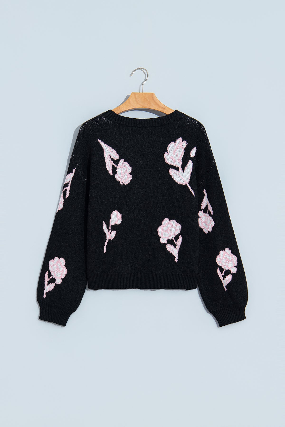 Black Floral Pattern Puff Sleeve Dropped Shoulder Pullover Sweater-Sweaters & Cardigans/Sweaters-[Adult]-[Female]-2022 Online Blue Zone Planet