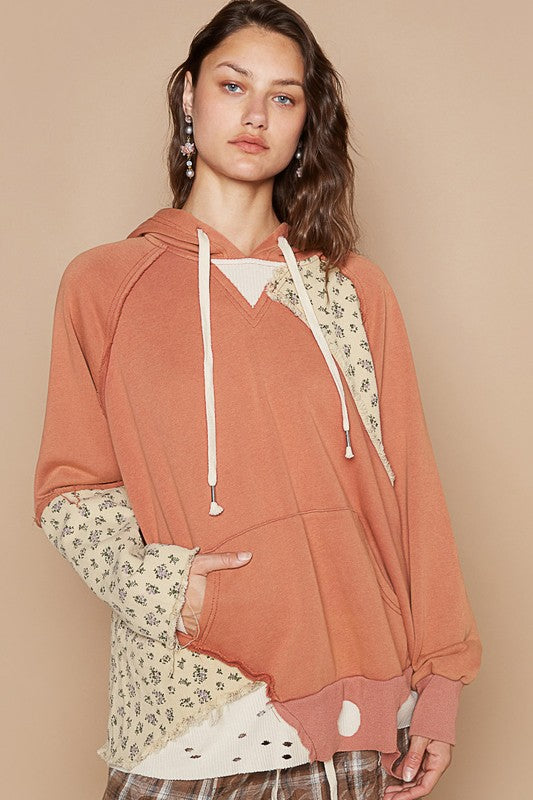 POL Floral Patchwork Distressed Drawstring Hoodie-TOPS / DRESSES-[Adult]-[Female]-Ochre-S-2022 Online Blue Zone Planet