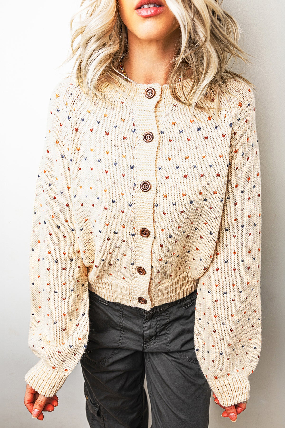 Beige Geometric Print Button Front Long Sleeve Regular Fit Cardigan-Sweaters & Cardigans/Cardigans-[Adult]-[Female]-2022 Online Blue Zone Planet