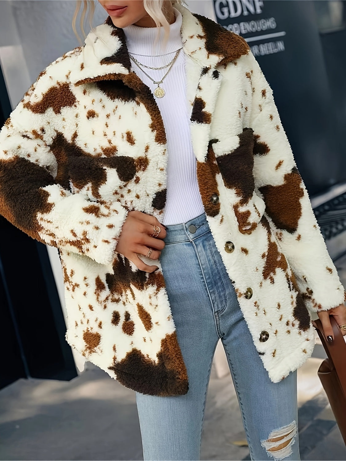 Cow Print Collared Neck Button Up Fuzzy Jacket-TOPS / DRESSES-[Adult]-[Female]-Ivory-S-2022 Online Blue Zone Planet