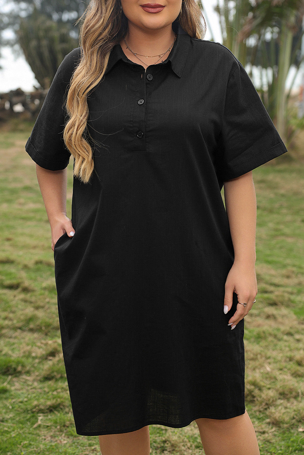 Black Plus Size Shirt Collar Buttoned Short Sleeve Shift Dress-TOPS / DRESSES-[Adult]-[Female]-2022 Online Blue Zone Planet