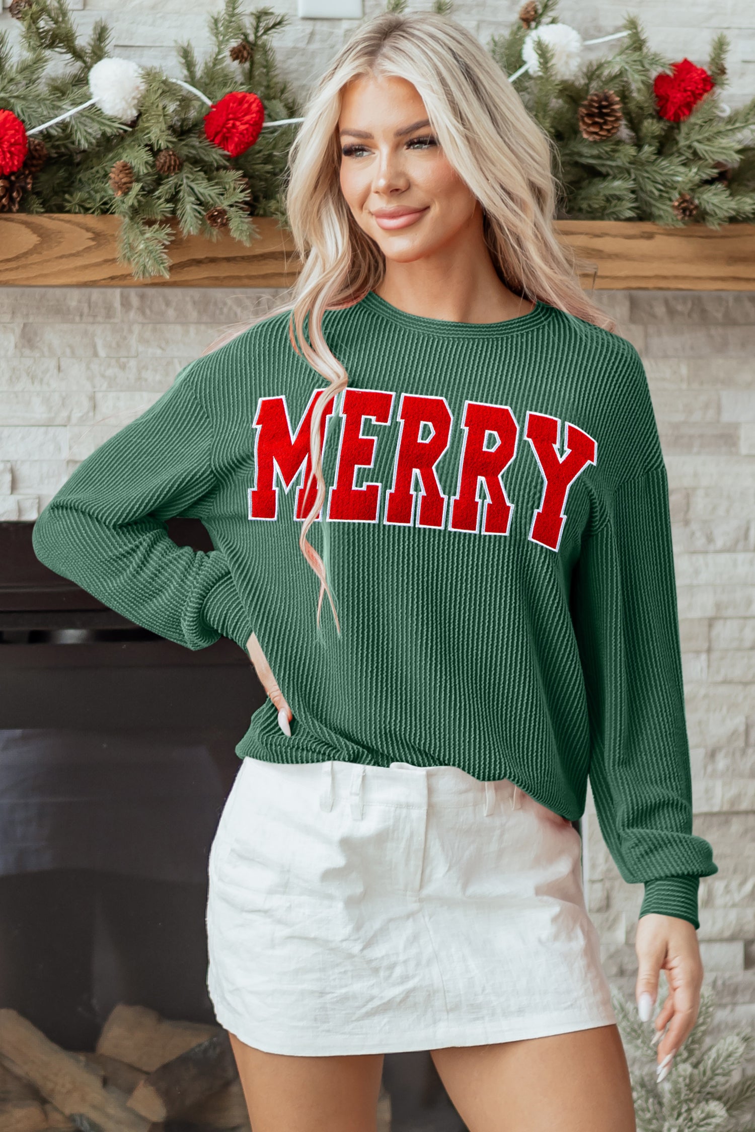 Fiery Red Twisted Rib Outlined Merry Letter Graphic Loose Long Sleeve Top-Tops/Long Sleeve Tops-[Adult]-[Female]-2022 Online Blue Zone Planet