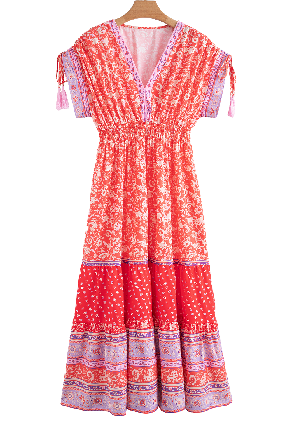 Red Floral Print Tasseled Tied Sleeve Empire Waist Maxi Dress-TOPS / DRESSES-[Adult]-[Female]-2022 Online Blue Zone Planet