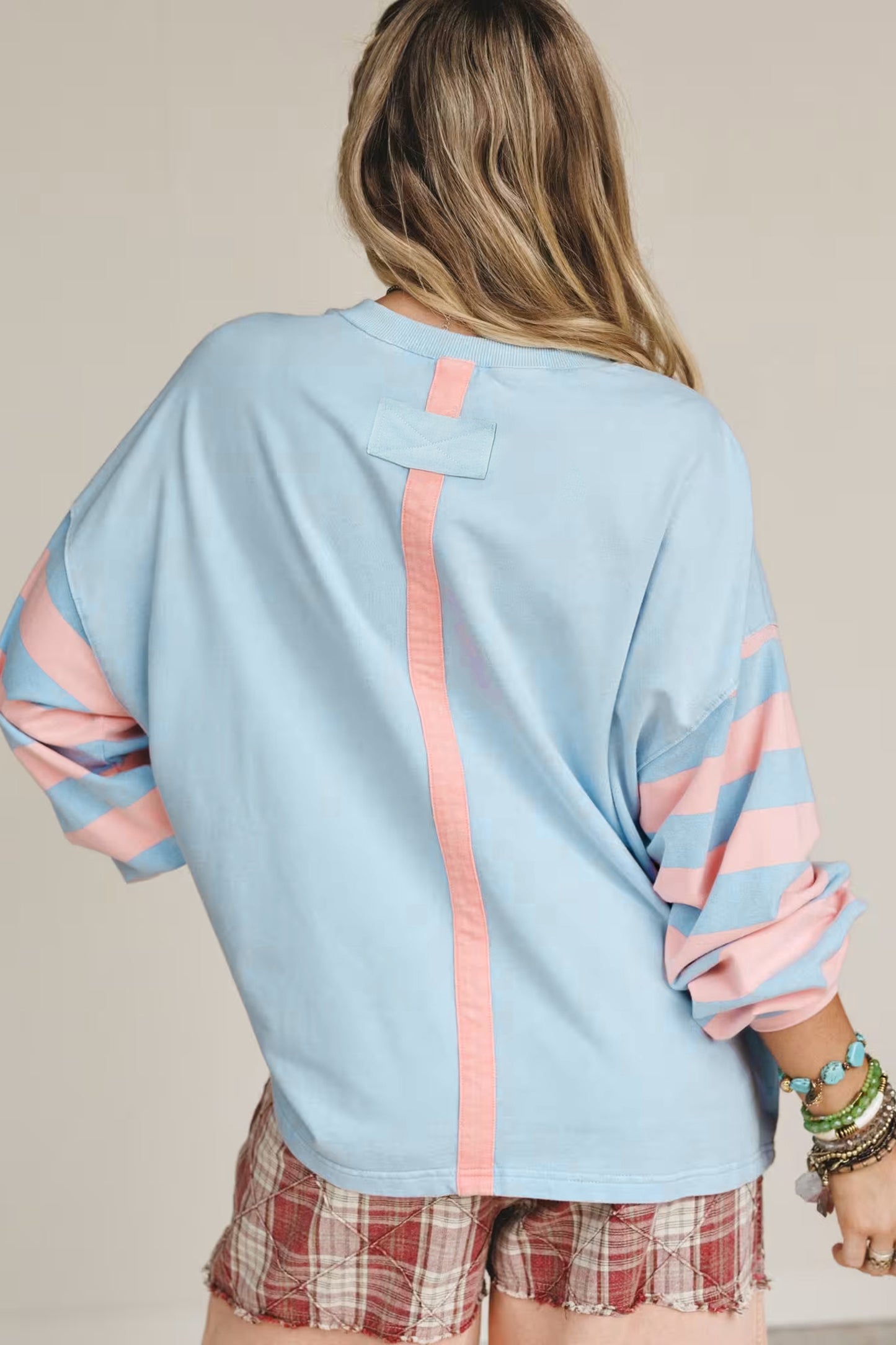 Beau Blue Big Flower Patch Drop Shoulder Striped Long Sleeve Top-Tops/Long Sleeve Tops-[Adult]-[Female]-2022 Online Blue Zone Planet