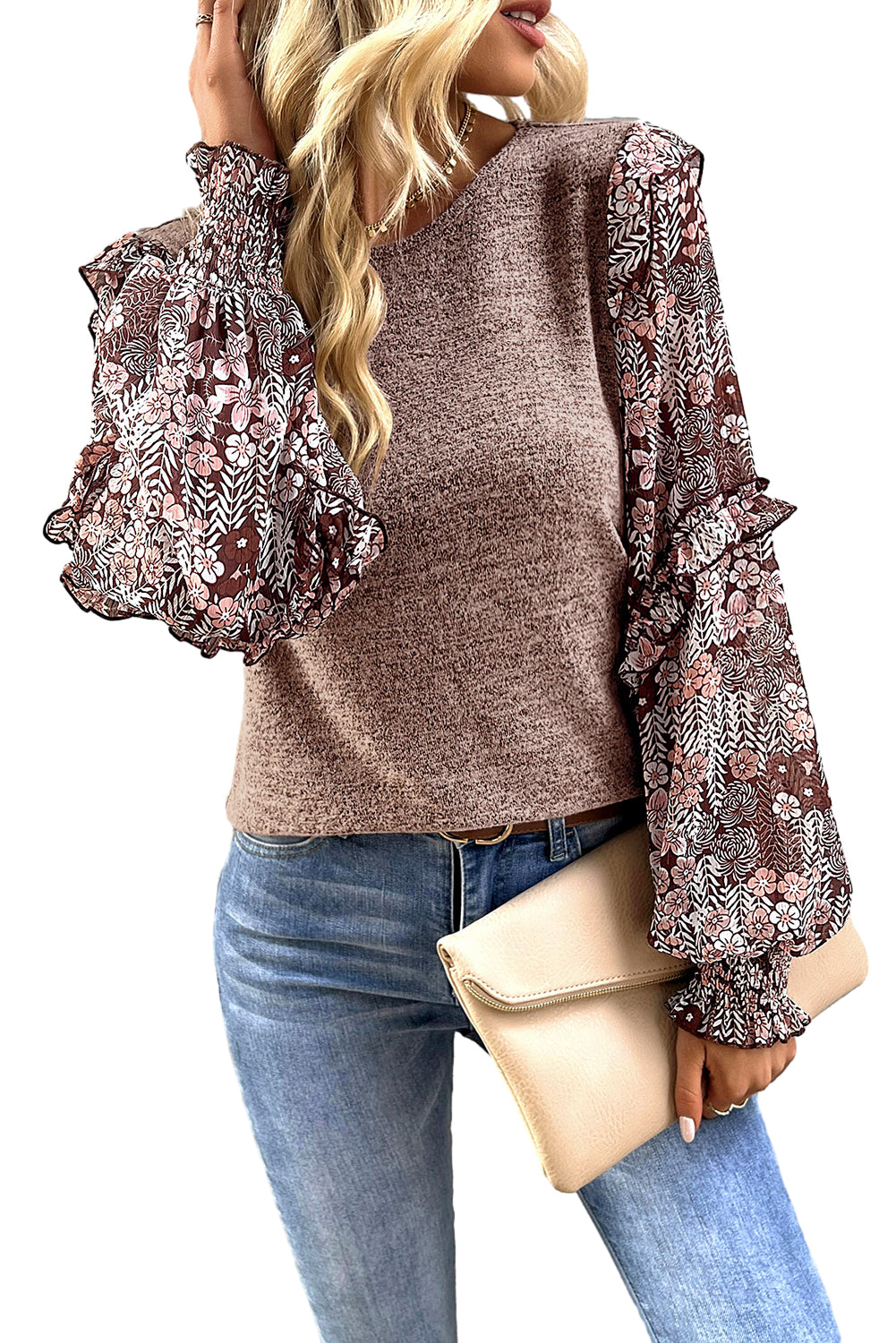 Blue Ruffle Tiered Floral Sleeve Crew Neck Blouse-Tops/Blouses & Shirts-[Adult]-[Female]-2022 Online Blue Zone Planet