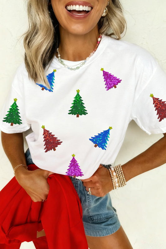 White Glitter Christmas Tree Pattern Cuffed Sleeve Christmas T Shirt-Graphic/Graphic Tees-[Adult]-[Female]-White-S-2022 Online Blue Zone Planet