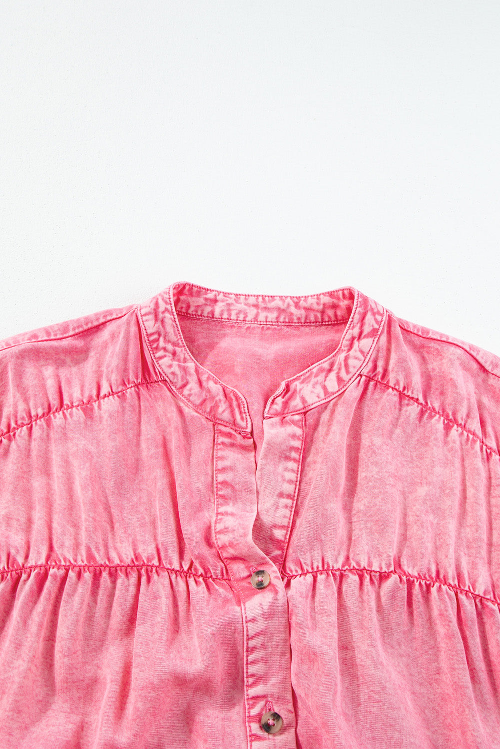 Pink Ruffled Short Sleeve Buttoned Denim Mini Dress Blue Zone Planet