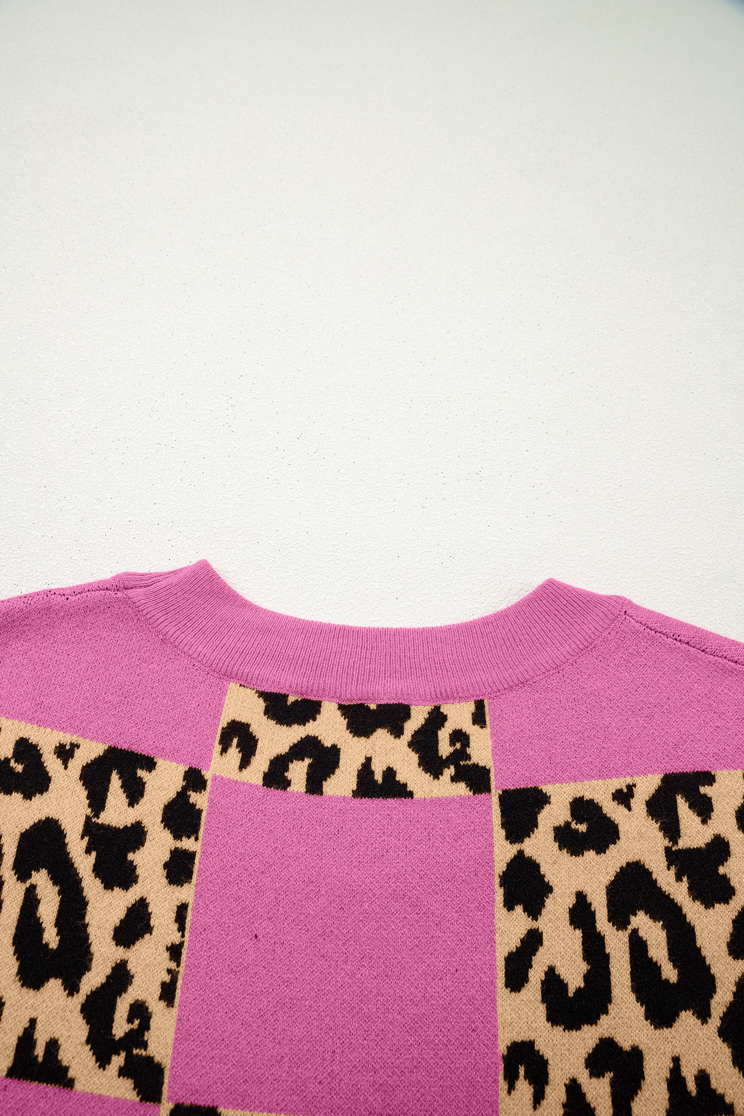 Rose Red Leopard Checkerboard Short Sleeve Knit Sweater-TOPS / DRESSES-[Adult]-[Female]-2022 Online Blue Zone Planet