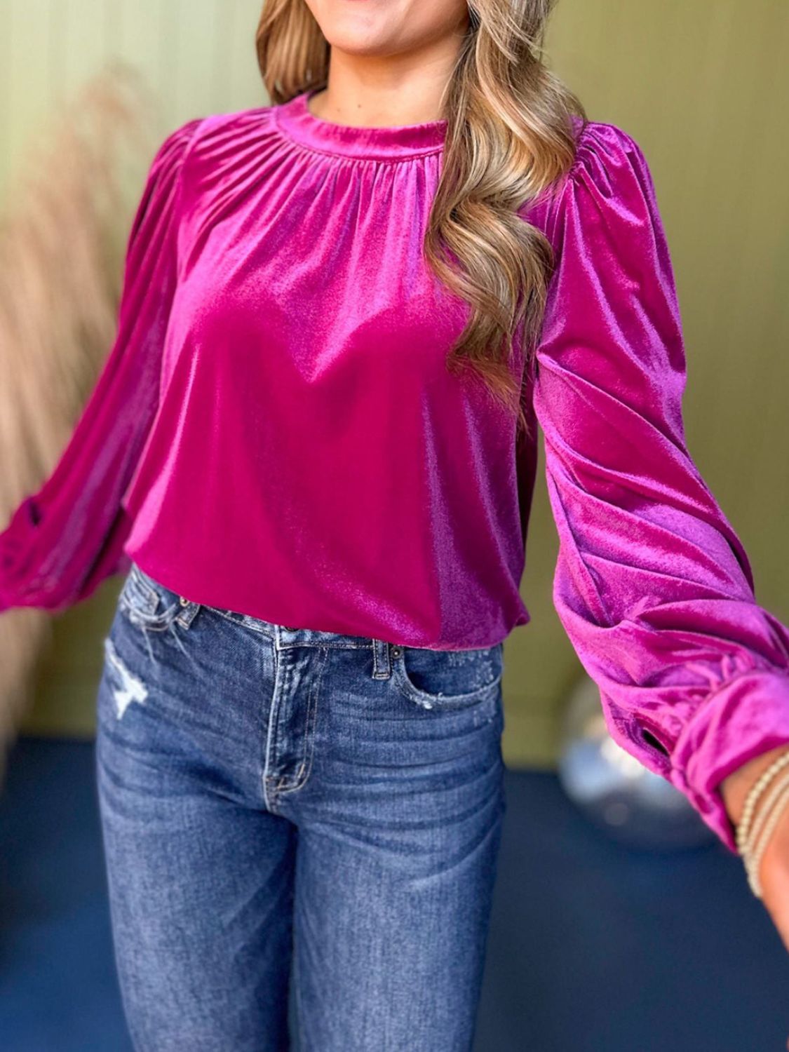 Ruched Round Neck Long Sleeve Blouse-TOPS / DRESSES-[Adult]-[Female]-Hot Pink-S-2022 Online Blue Zone Planet