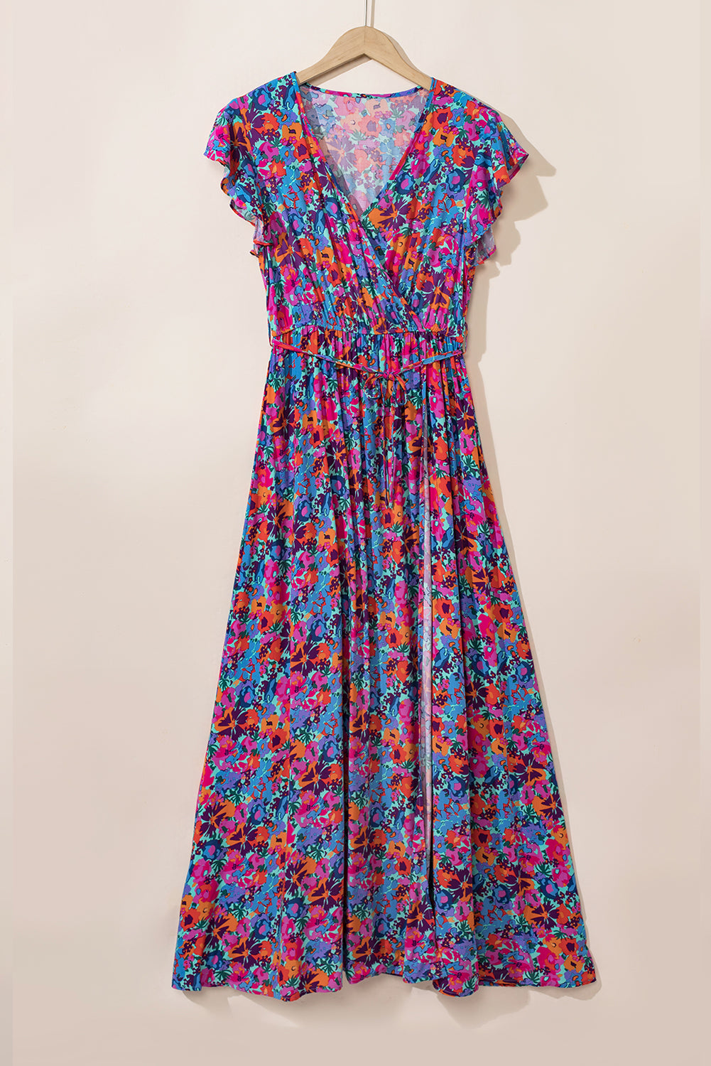 Blue Floral Print V Neck Wrap Split Maxi Dress-Dresses/Floral Dresses-[Adult]-[Female]-2022 Online Blue Zone Planet