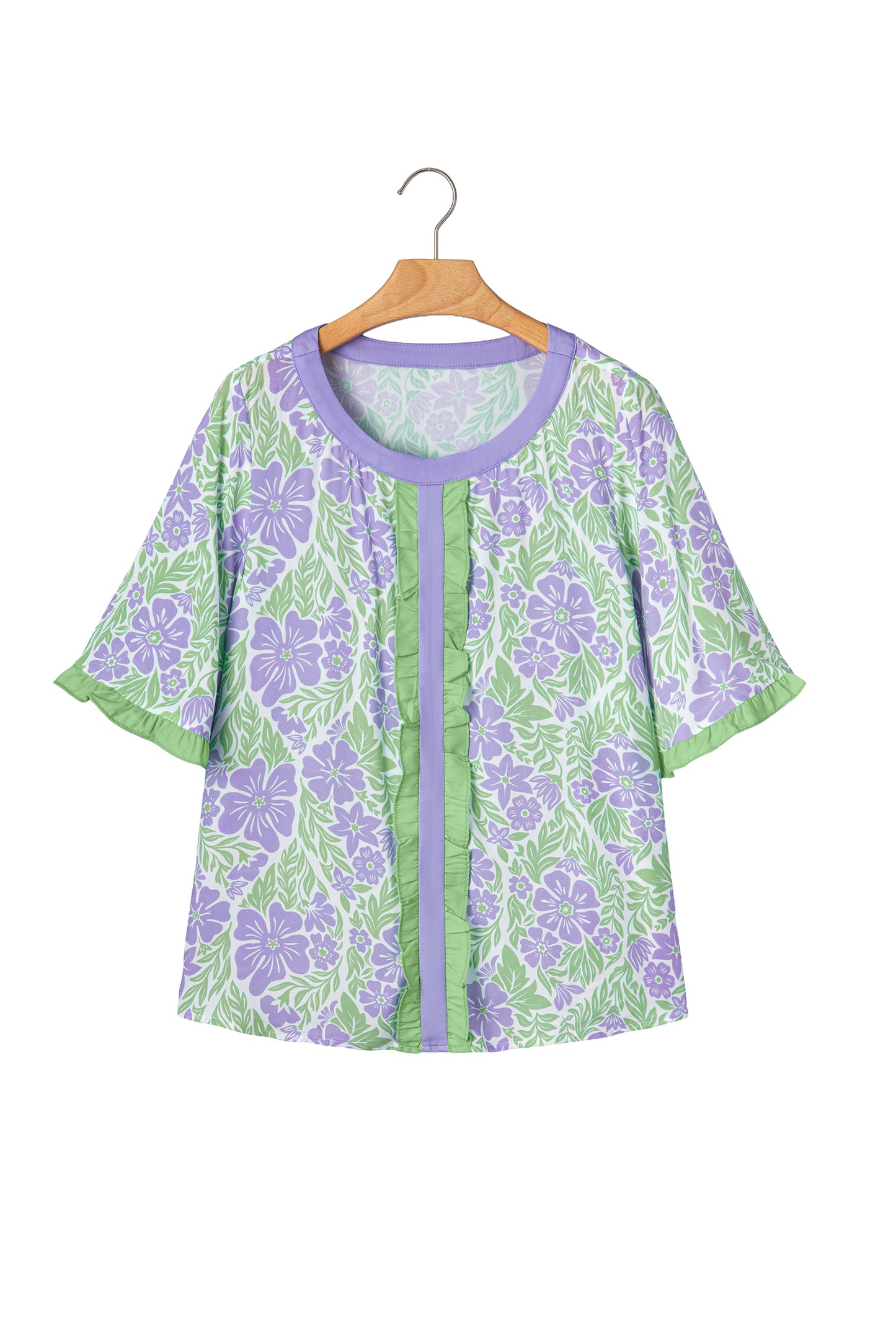 Sky Blue Floral Print Ruffled Color Block Trim Half Sleeve Blouse-Tops/Blouses & Shirts-[Adult]-[Female]-2022 Online Blue Zone Planet