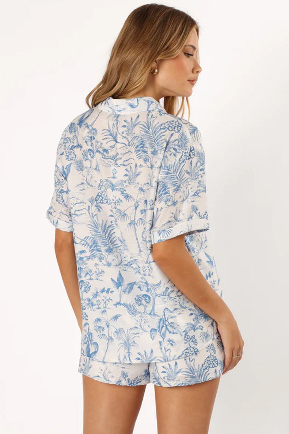 Sky Blue Floral Short Sleeve Shirt and Shorts Set-Loungewear & Sleepwear/Sleepwear-[Adult]-[Female]-2022 Online Blue Zone Planet