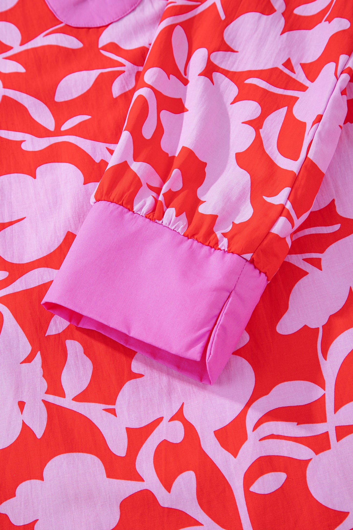 Red Floral Print Split V Neck Cuffed Bracelet Sleeve Blouse-Bracelet-[Adult]-[Female]-2022 Online Blue Zone Planet