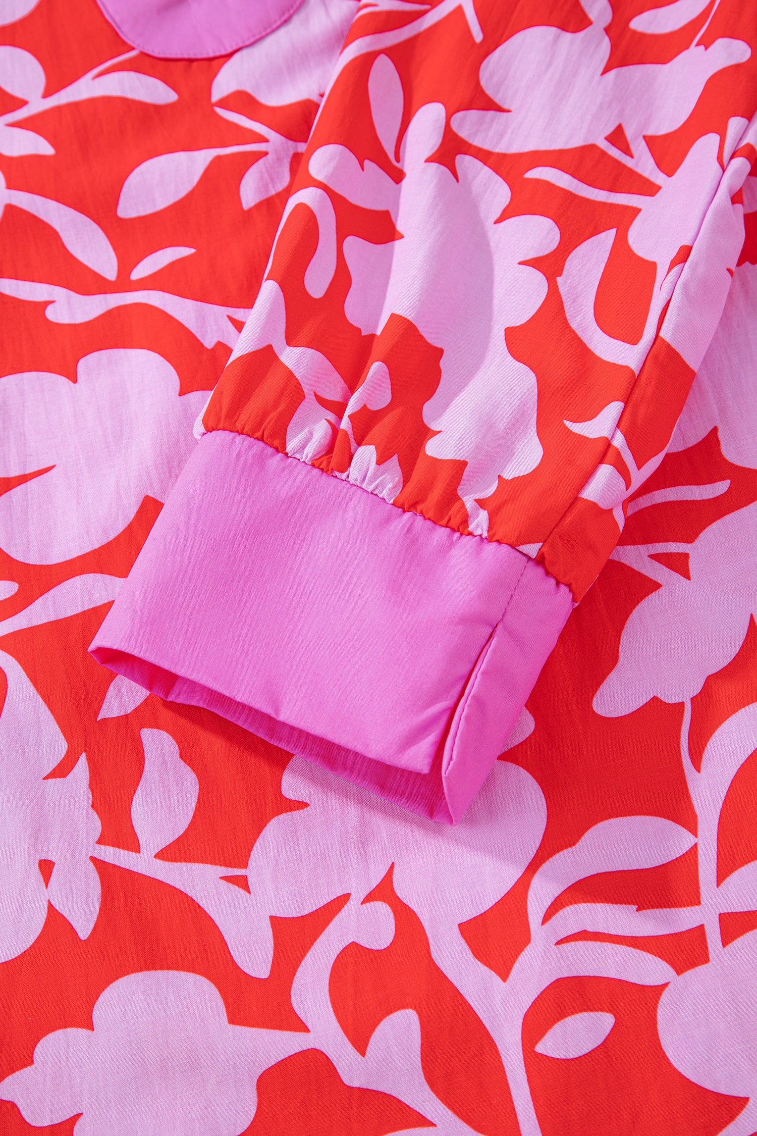 Red Floral Print Split V Neck Cuffed Bracelet Sleeve Blouse-Bracelet-[Adult]-[Female]-2022 Online Blue Zone Planet