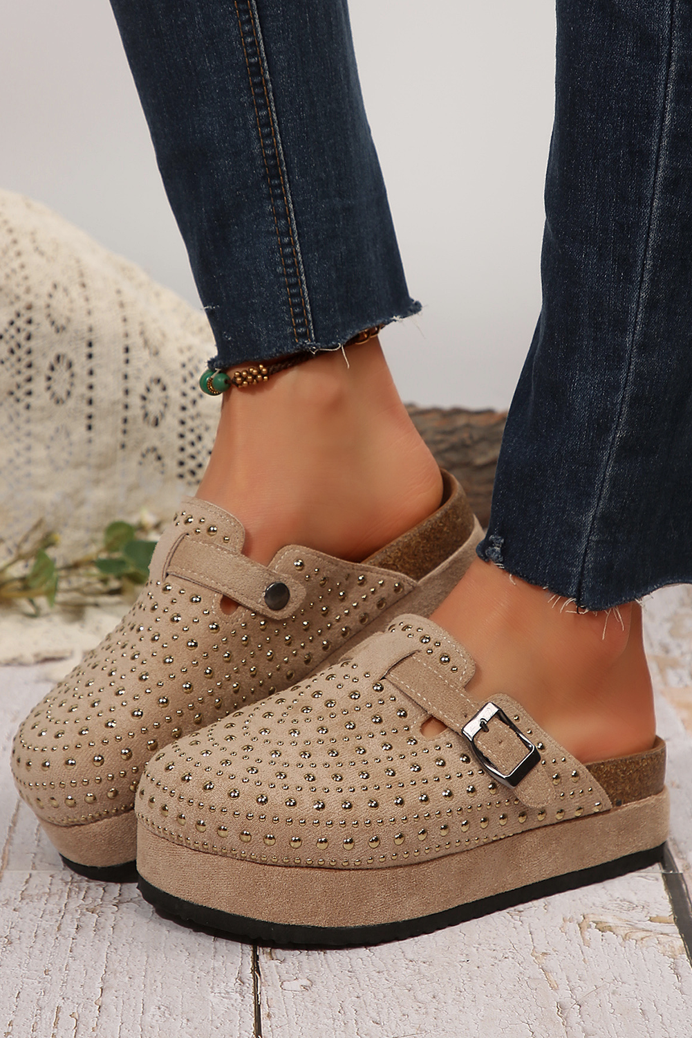 Parchment Vintage Studded Platform Slippers-Slides Shoes + Flip Flops-[Adult]-[Female]-Parchment-37-2022 Online Blue Zone Planet