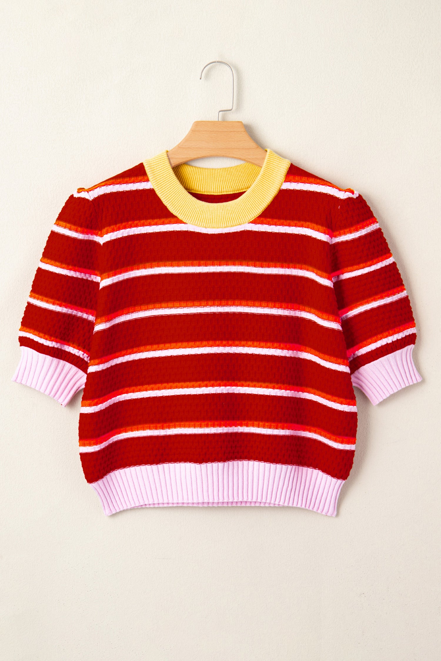 Red Stripe Colorblock Trim Half Sleeve Sweater Top-TOPS / DRESSES-[Adult]-[Female]-2022 Online Blue Zone Planet