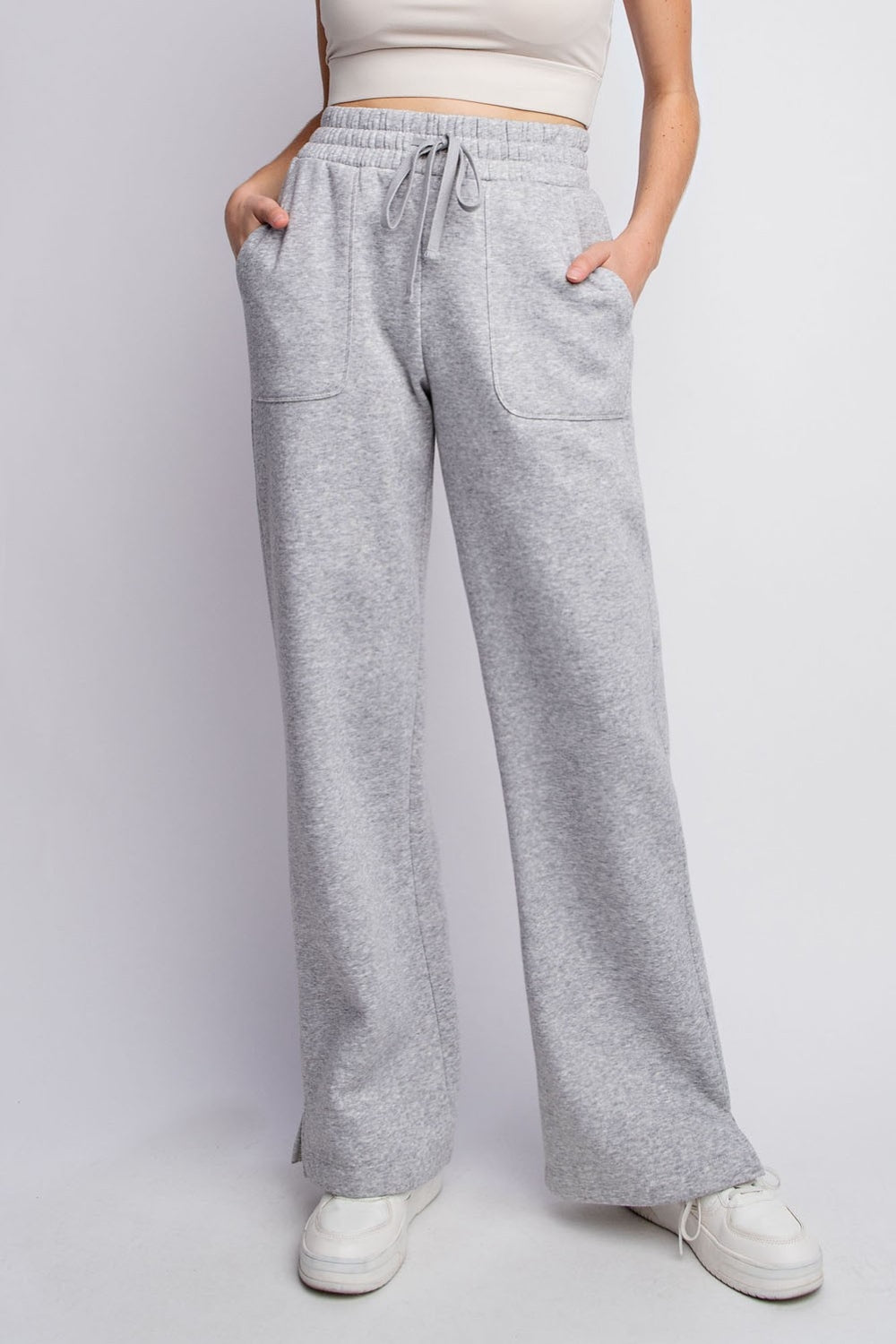 Faith Apparel Full Size Drawstring Straight Leg Slit Sweatpants-[Adult]-[Female]-H Grey-S-2022 Online Blue Zone Planet