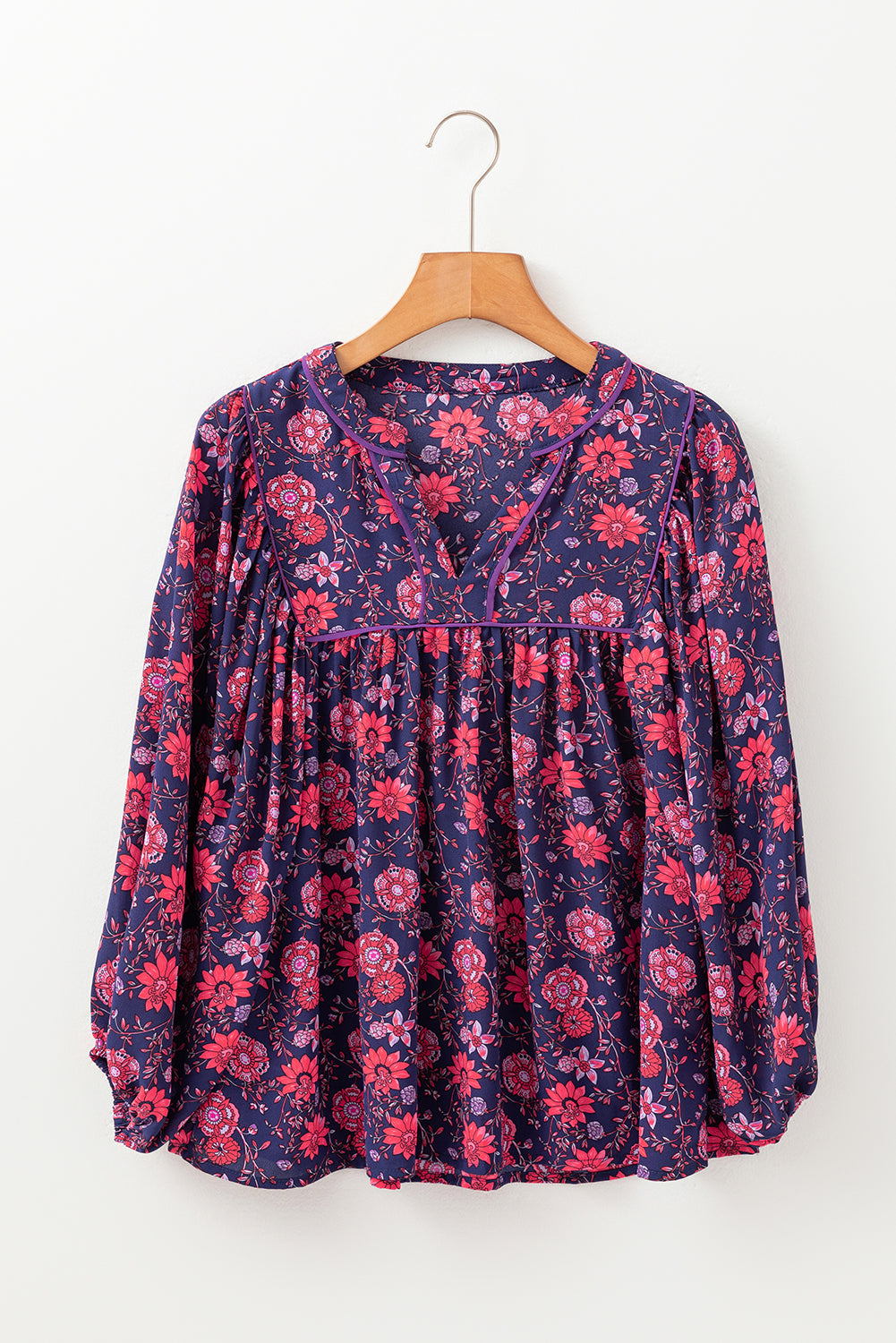 Blue Zone Planet | Purple Floral Half Sleeve Split Neck Blouse Top-Tops/Blouses & Shirts-[Adult]-[Female]-2022 Online Blue Zone Planet