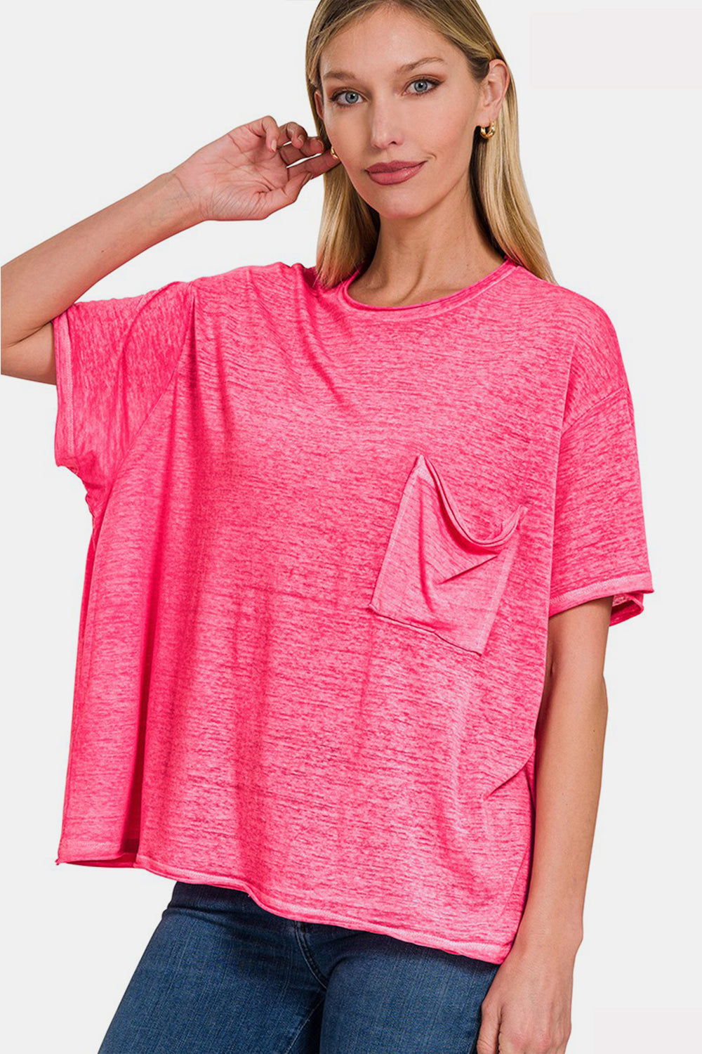 Blue Zone Planet | Zenana Pocketed Round Neck Dropped Shoulder T-Shirt-TOPS / DRESSES-[Adult]-[Female]-FUCHSIA-S/M-2022 Online Blue Zone Planet