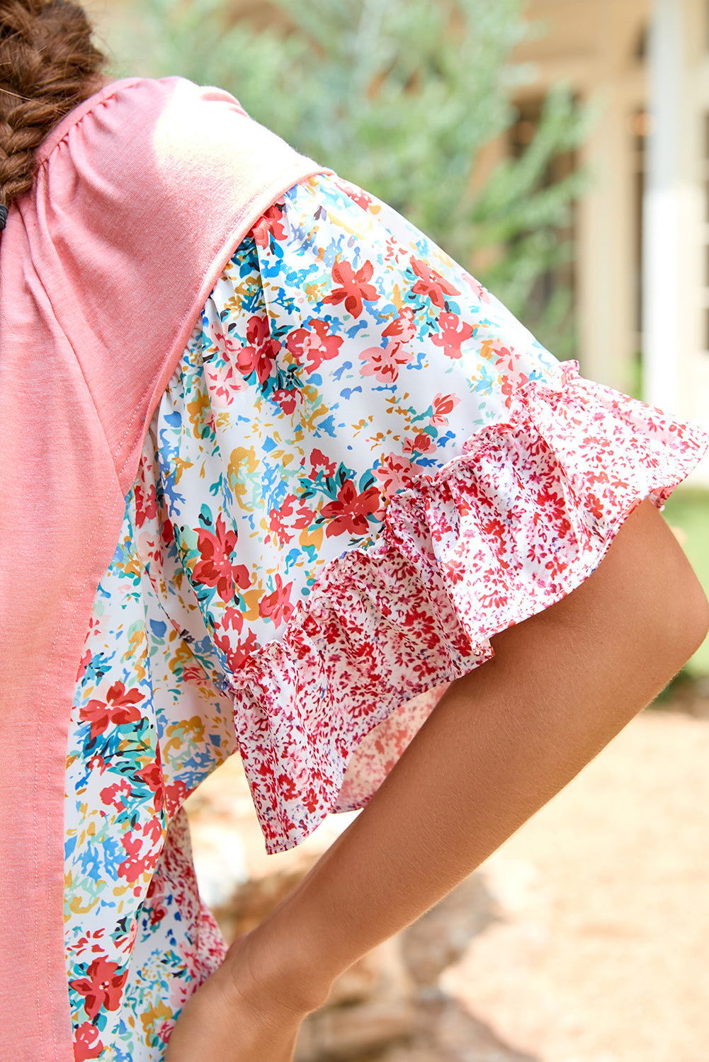 Pink Plus Size Floral Patchwork Ruffled Short Sleeve Blouse-Plus Size/Plus Size Tops/Plus Size Blouses & Shirts-[Adult]-[Female]-2022 Online Blue Zone Planet
