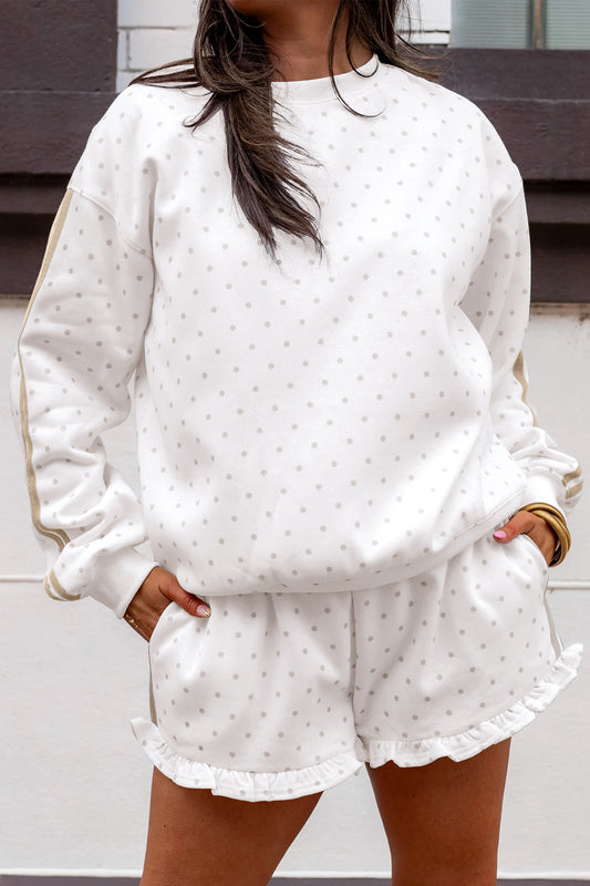White Polka Dot Print Side Stripe Detail Casual Sweatshirt 2pcs Short Set-Two Piece Sets/Short Sets-[Adult]-[Female]-2022 Online Blue Zone Planet