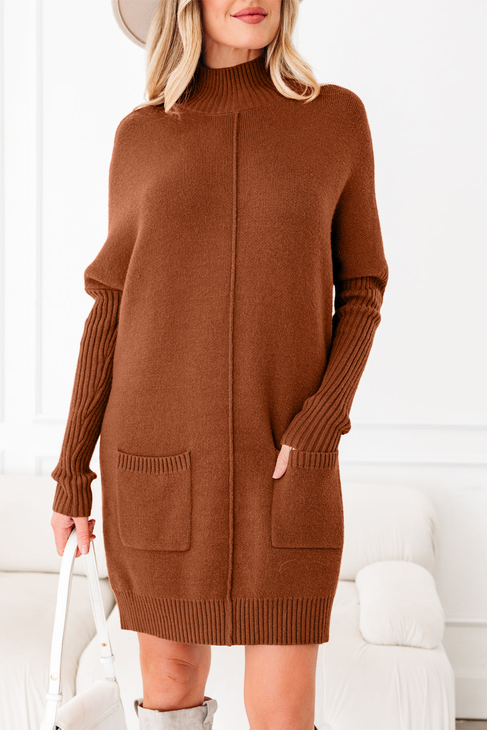 Chestnut Ribbed High Neck Front Pockets Center Seam Shift Sweater Dress-Sweaters & Cardigans/Sweater Dresses-[Adult]-[Female]-2022 Online Blue Zone Planet