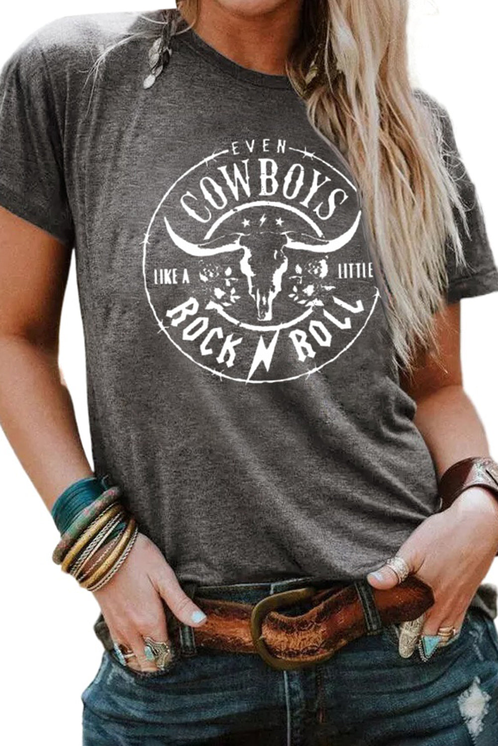 Gray Western Letter Steer Head Graphic Tee-Graphic/Graphic Tees-[Adult]-[Female]-2022 Online Blue Zone Planet