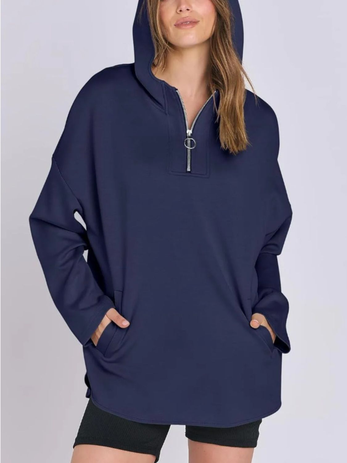 Quarter Zip Long Sleeve Hoodie-TOPS / DRESSES-[Adult]-[Female]-Dark Blue-S-2022 Online Blue Zone Planet