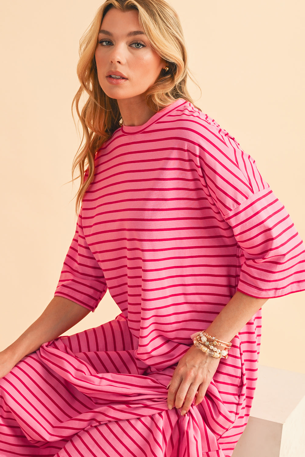 Strawberry Pink Striped Drop Sleeve Loose Dress-Maxi Dresses-[Adult]-[Female]-2022 Online Blue Zone Planet