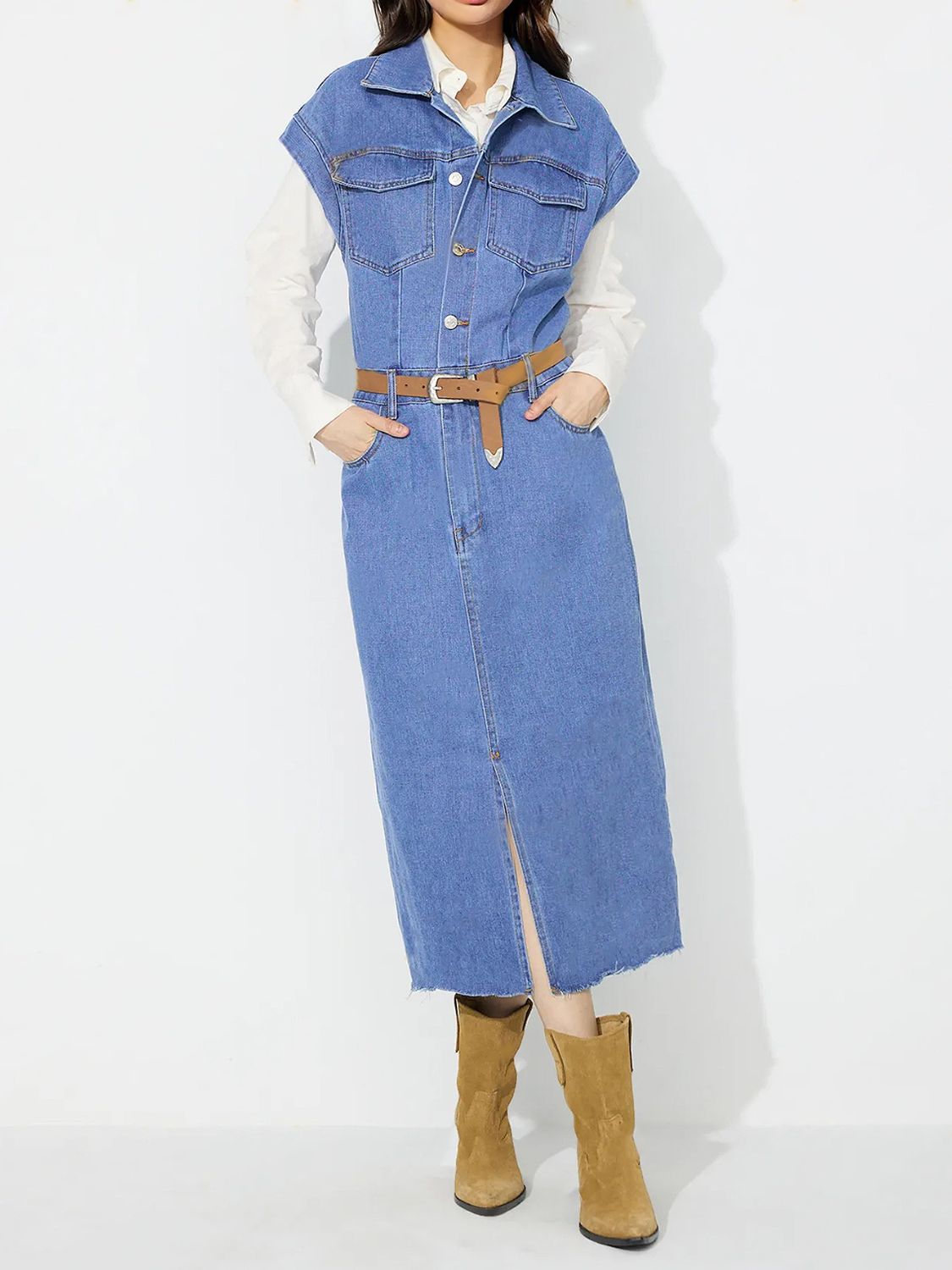 Slit Half Button Collared Neck Cap Sleeve Denim Dress-TOPS / DRESSES-[Adult]-[Female]-Medium-S-2022 Online Blue Zone Planet