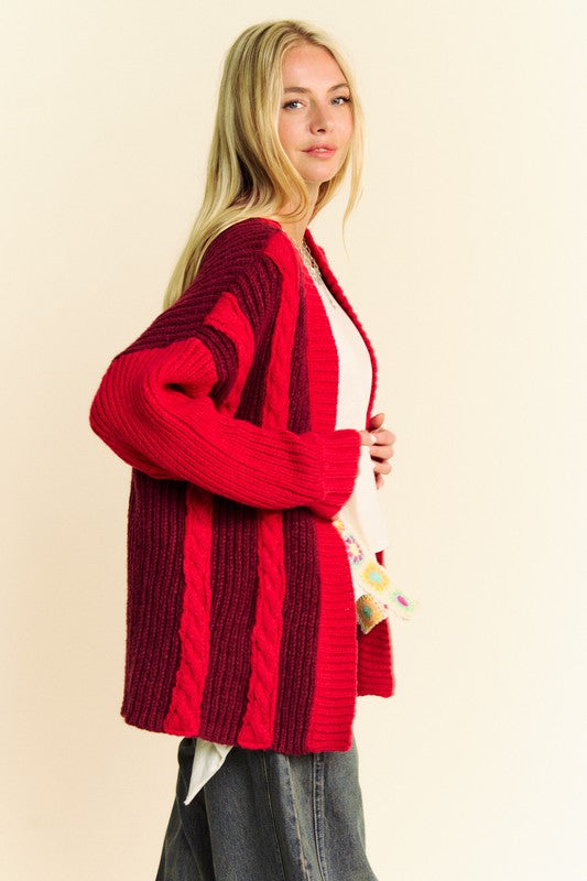 Davi & Dani Cable-Knit Color Block Open Front Cardigan-TOPS / DRESSES-[Adult]-[Female]-2022 Online Blue Zone Planet