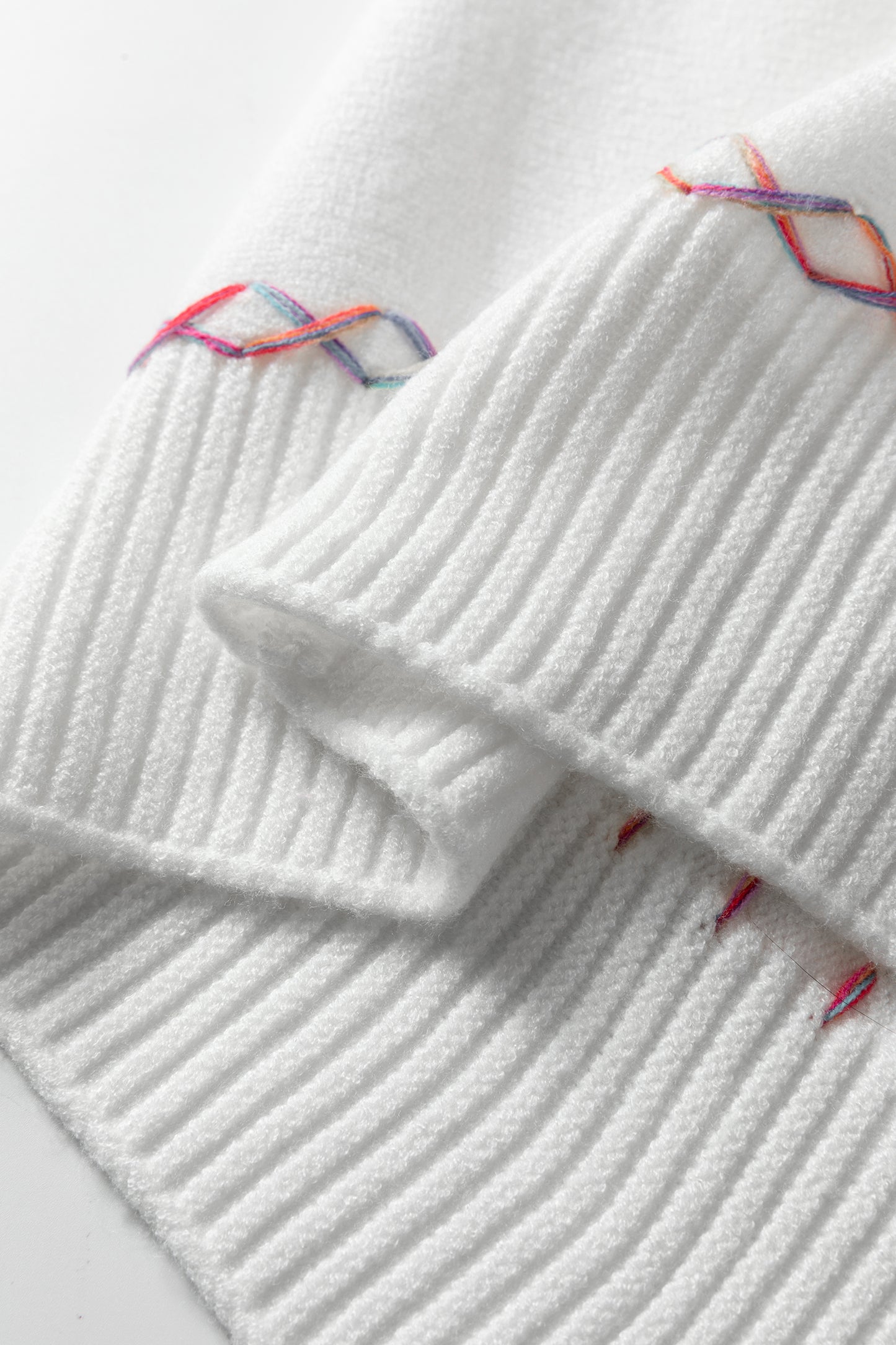 White Rainbow Stitching Balloon Sleeve Relaxed Sweater-TOPS / DRESSES-[Adult]-[Female]-2022 Online Blue Zone Planet