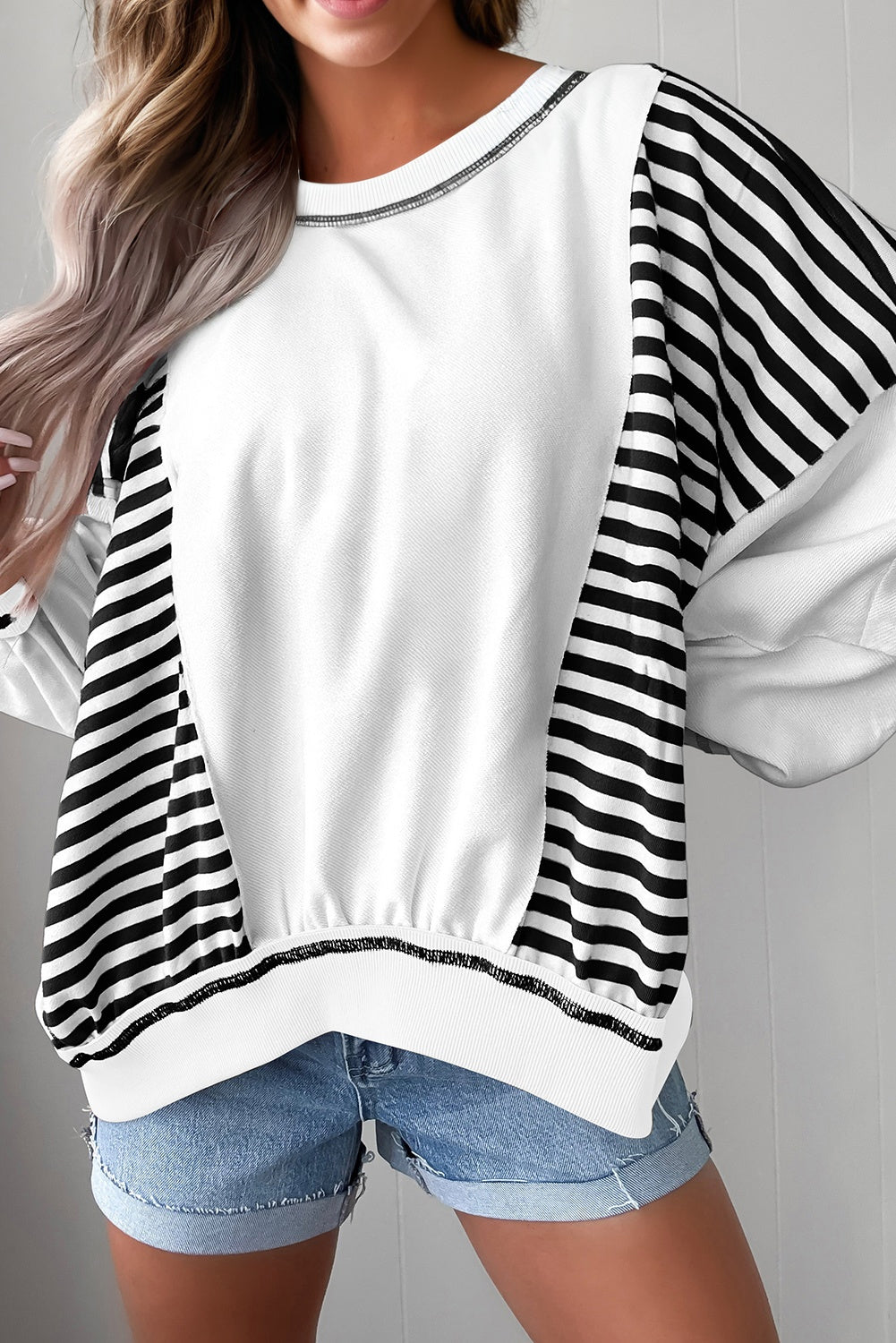White Stripe Colorblock Patchwork Contrast Stitching Oversize Sweatshirt-Tops/Sweatshirts & Hoodies-[Adult]-[Female]-White Stripe-S-2022 Online Blue Zone Planet