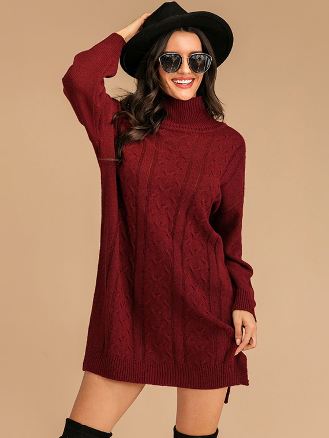 Perfee Slit Turtleneck Long Sleeve Mini Sweater Dress-TOPS / DRESSES-[Adult]-[Female]-2022 Online Blue Zone Planet