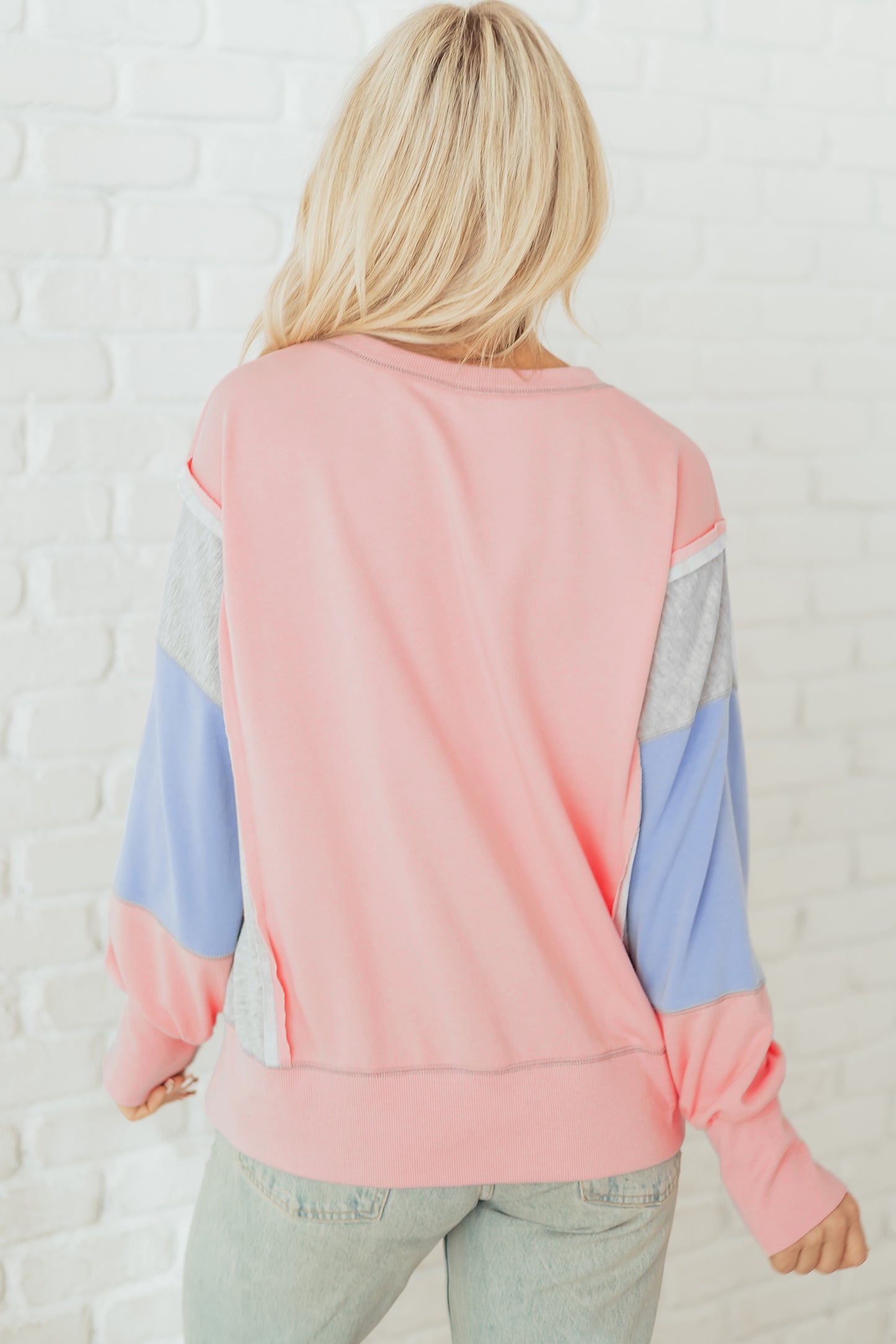 Apricot Pink Exposed Seam Color Block Patchwork Slit Cuffs Oversize Sweatshirt-Tops/Sweatshirts & Hoodies-[Adult]-[Female]-2022 Online Blue Zone Planet