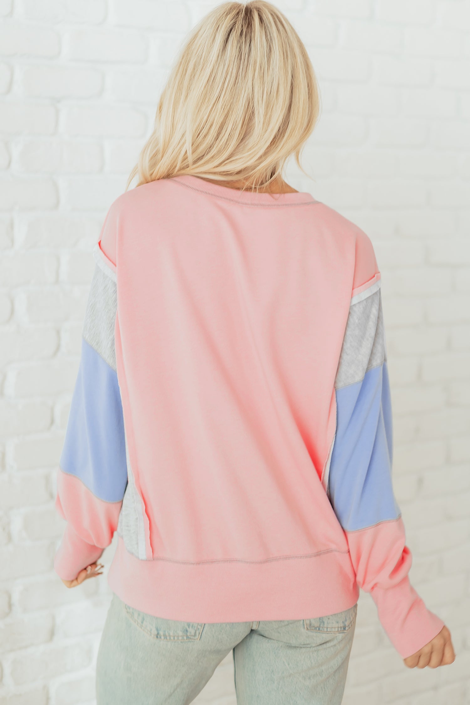 Apricot Pink Exposed Seam Color Block Patchwork Slit Cuffs Oversize Sweatshirt-Tops/Sweatshirts & Hoodies-[Adult]-[Female]-2022 Online Blue Zone Planet