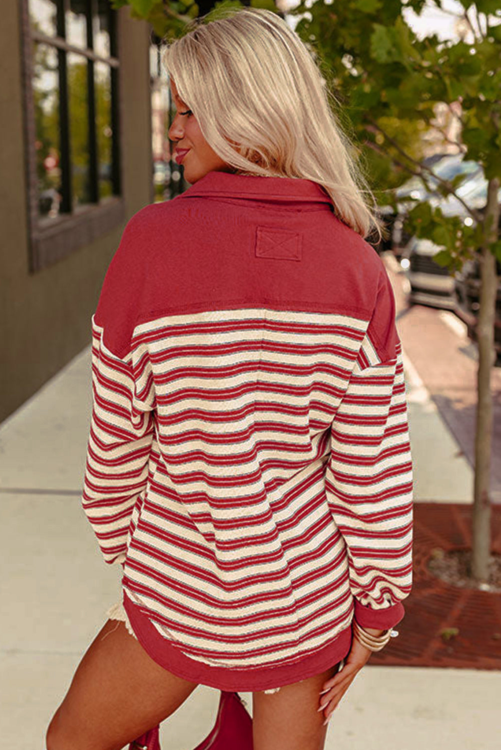 Pink Stripe Collared V Neck Drop Shoulder Top-Long Sleeve Tops-[Adult]-[Female]-2022 Online Blue Zone Planet