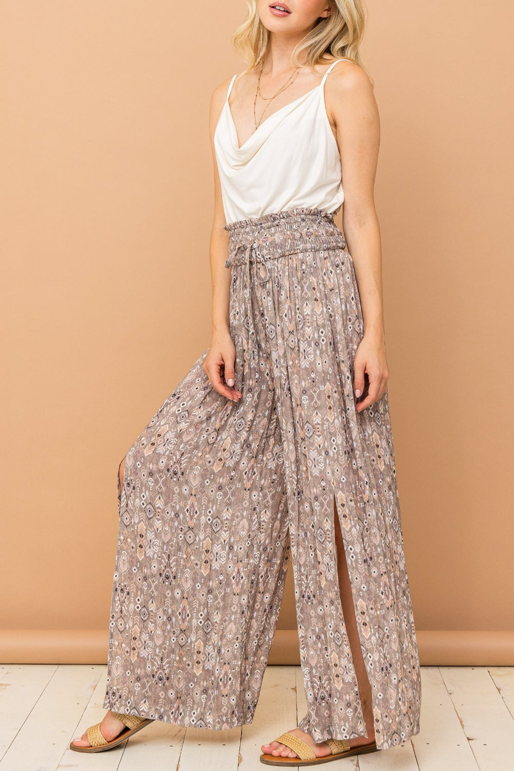 Blue Zone Planet | And The Why Printed Smocked Waist Slit Wide Leg Pants-BOTTOMS SIZES SMALL MEDIUM LARGE-[Adult]-[Female]-2022 Online Blue Zone Planet