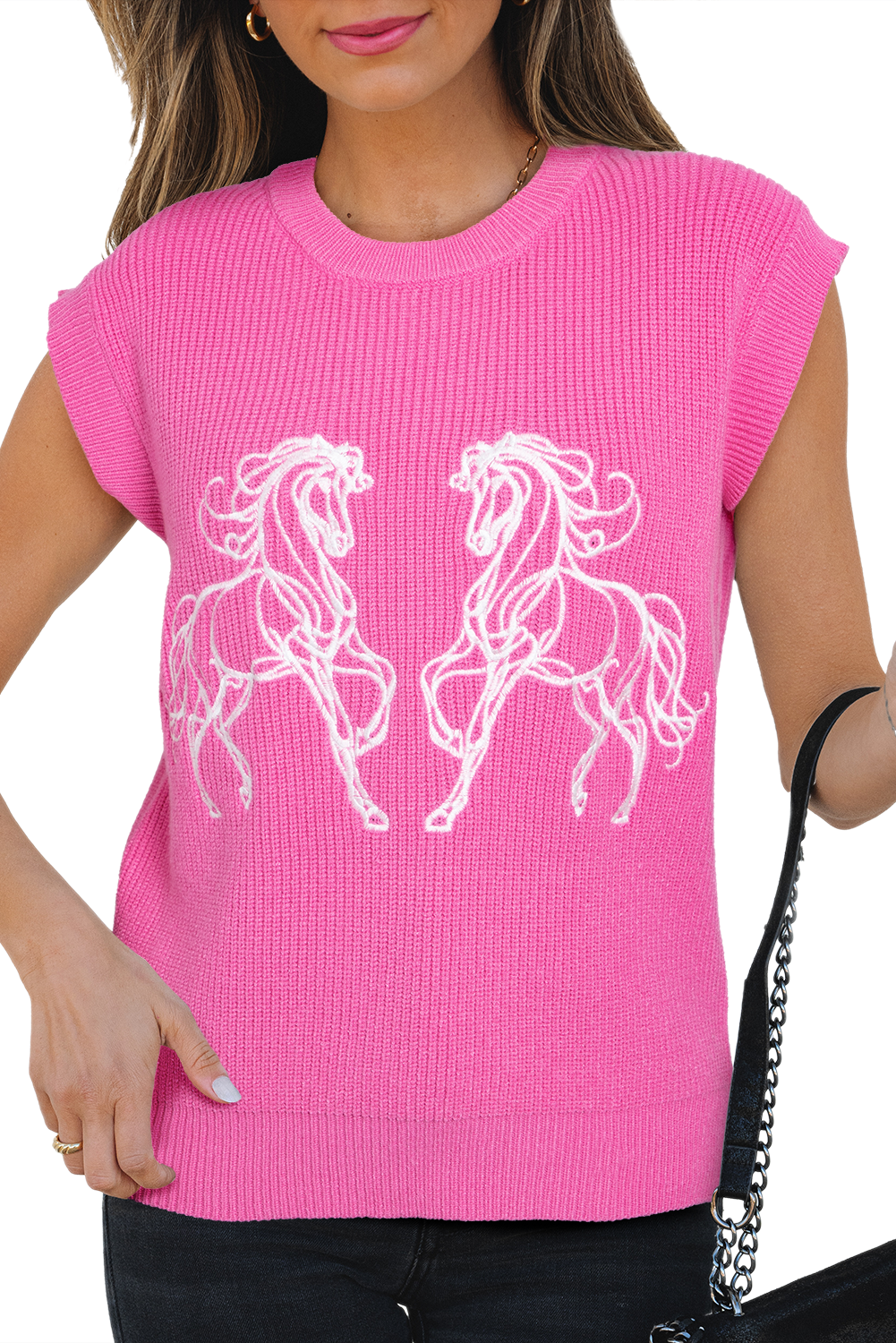 Sachet Pink Western Horse Embroidered Round Neck Sweater Tee-Sweaters & Cardigans/Short Sleeve Sweaters-[Adult]-[Female]-2022 Online Blue Zone Planet