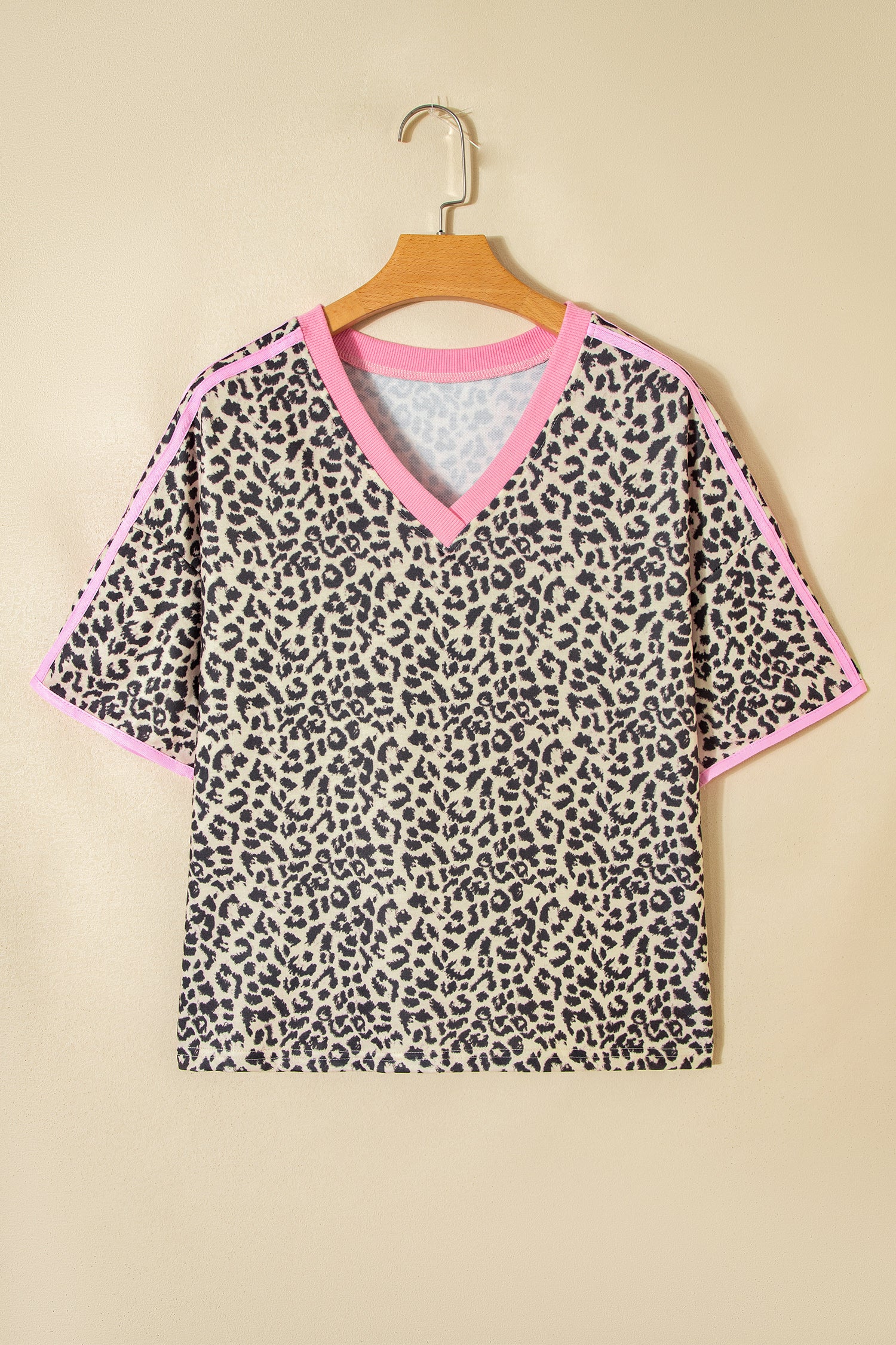 White Contrast V Neck Varsity Short Sleeve Leopard Top-Tops/Tops & Tees-[Adult]-[Female]-2022 Online Blue Zone Planet