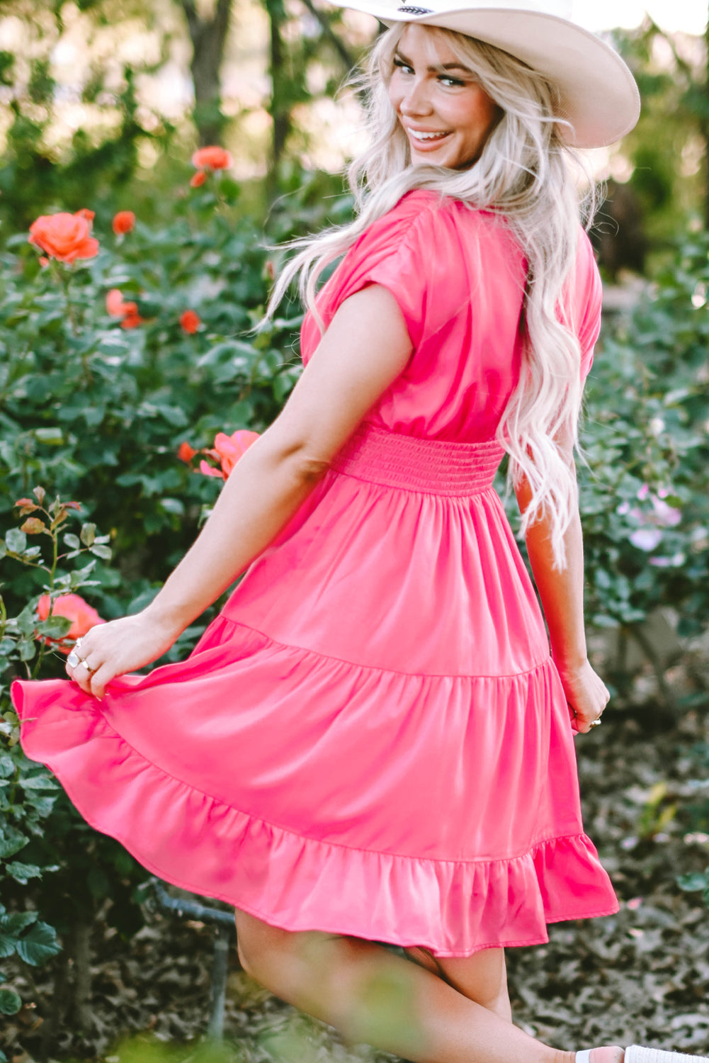 Strawberry Pink Ruched Sleeve V Neck Smock Waist Tiered Ruffled Dress Blue Zone Planet