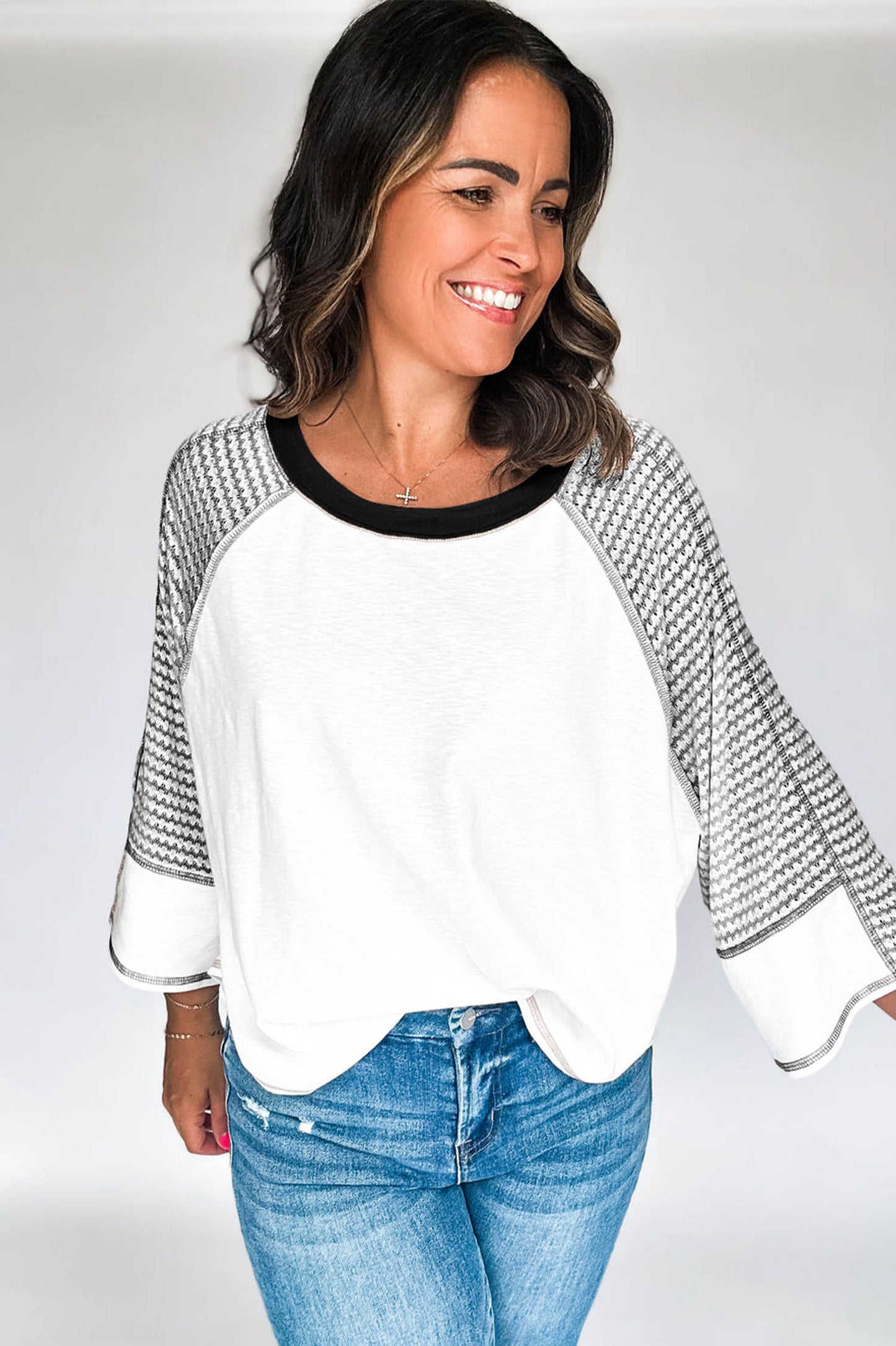 Black Striped Bracelet Sleeve Raglan Patchwork Top-Tops/Long Sleeve Tops-[Adult]-[Female]-2022 Online Blue Zone Planet