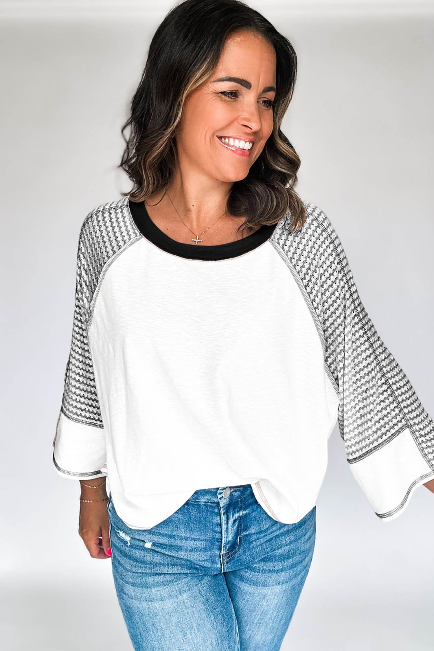 Black Striped Bracelet Sleeve Raglan Patchwork Top-Tops/Long Sleeve Tops-[Adult]-[Female]-2022 Online Blue Zone Planet