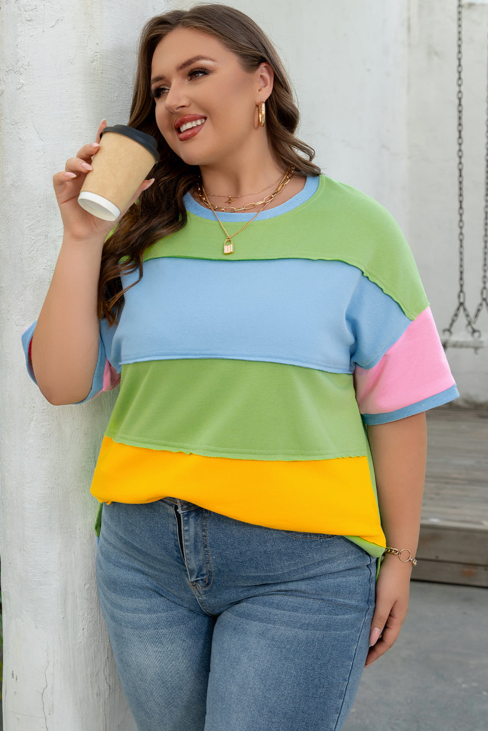 Blue Zone Planet | Light Blue Color Block Exposed Seam Patchwork Plus Size T Shirt-Plus Size/Plus Size Tops/Plus Size Tops & Tees-[Adult]-[Female]-2022 Online Blue Zone Planet