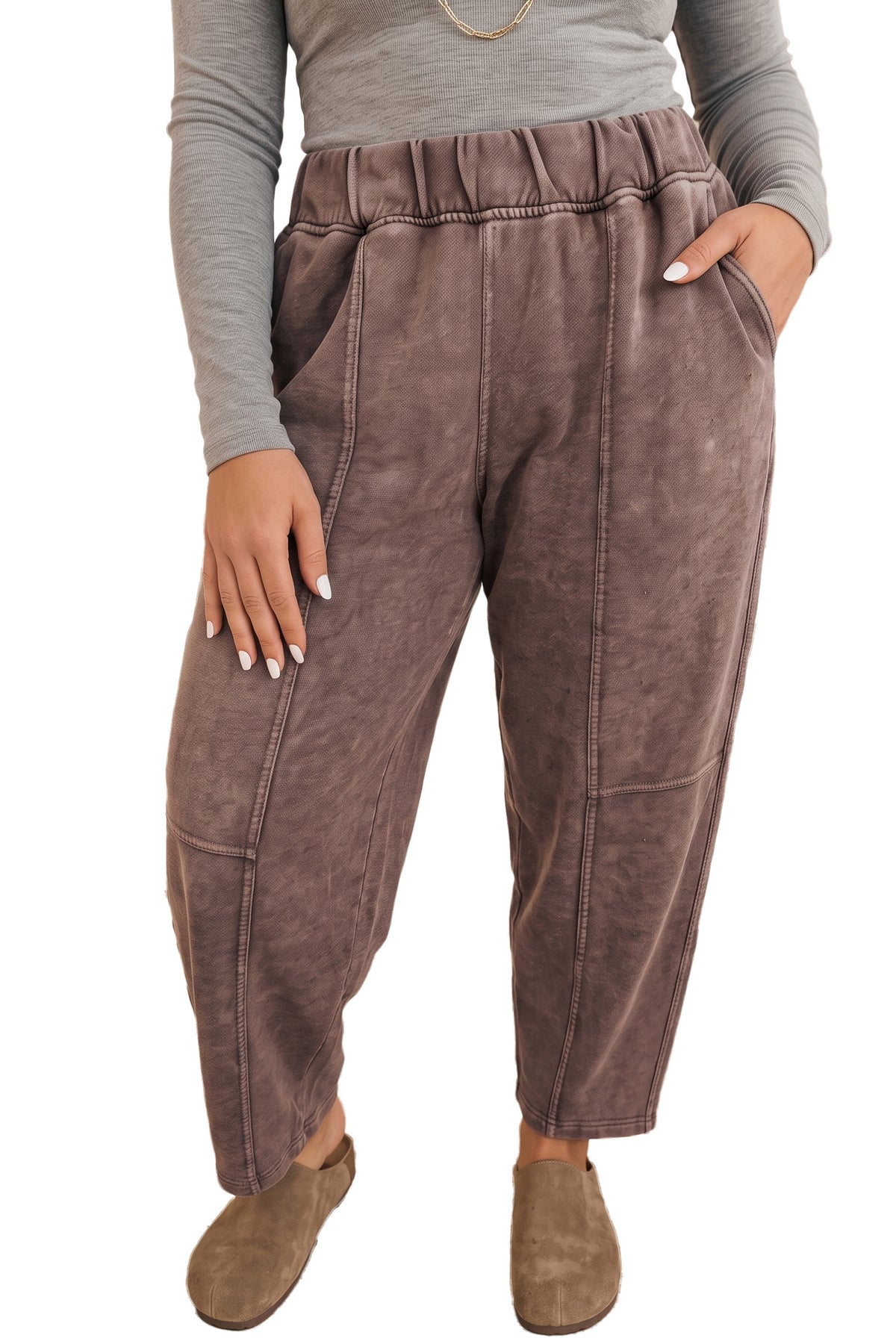Coffee Mineral Wash Elastic Waistband Plus Size Barrel Pants-Plus Size/Plus Size Bottoms-[Adult]-[Female]-2022 Online Blue Zone Planet